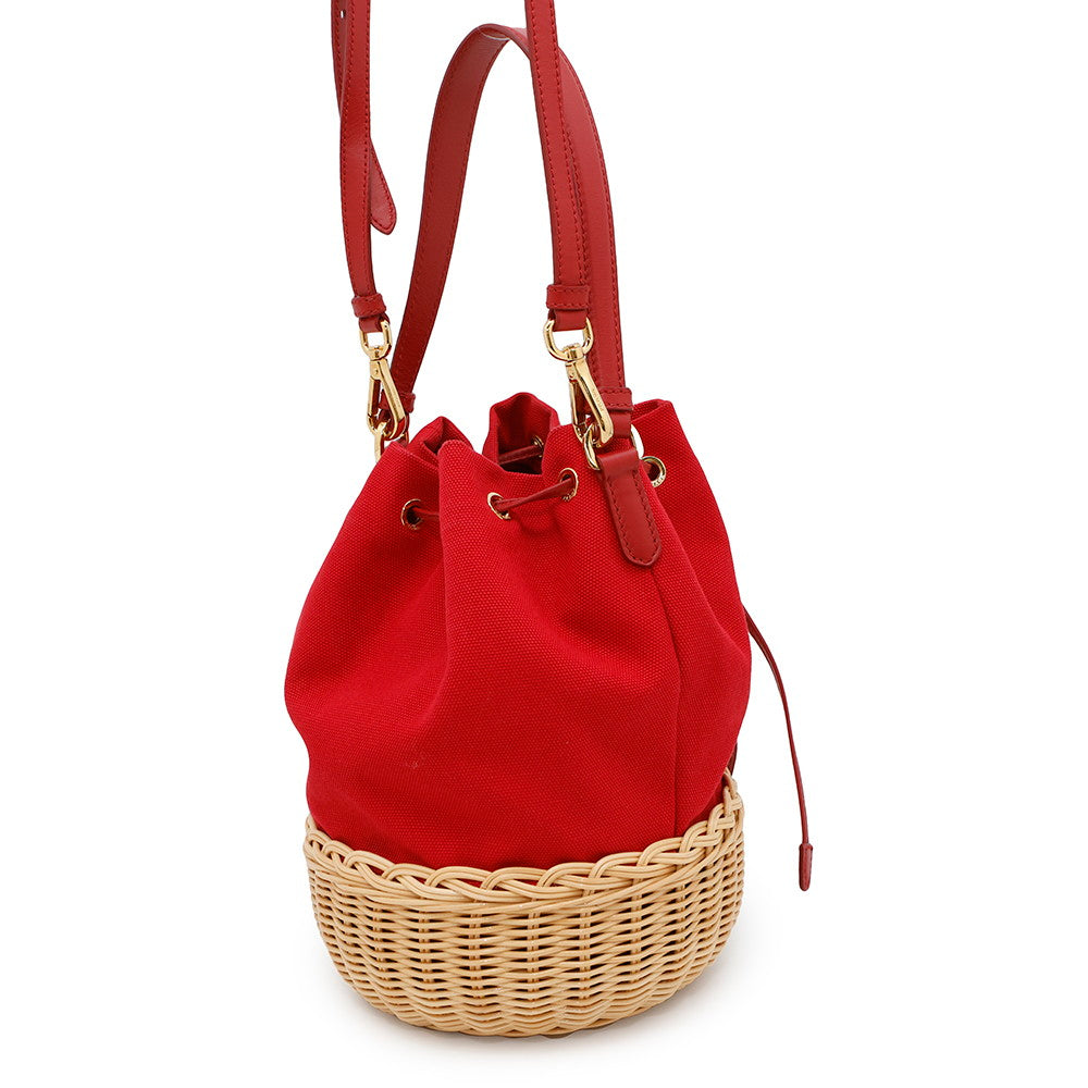 Prada Drawstring Bucket Bag Red1bh115 Canvas Raffia
